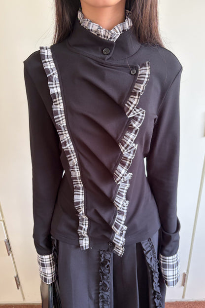Plaid Ruffle Mock Collar Shirt