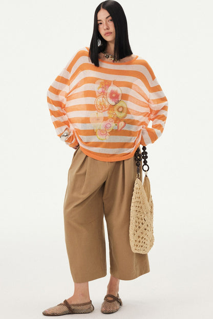 Gestreifte Bluse mit Fruchtprint und asymmetrischer Schulter