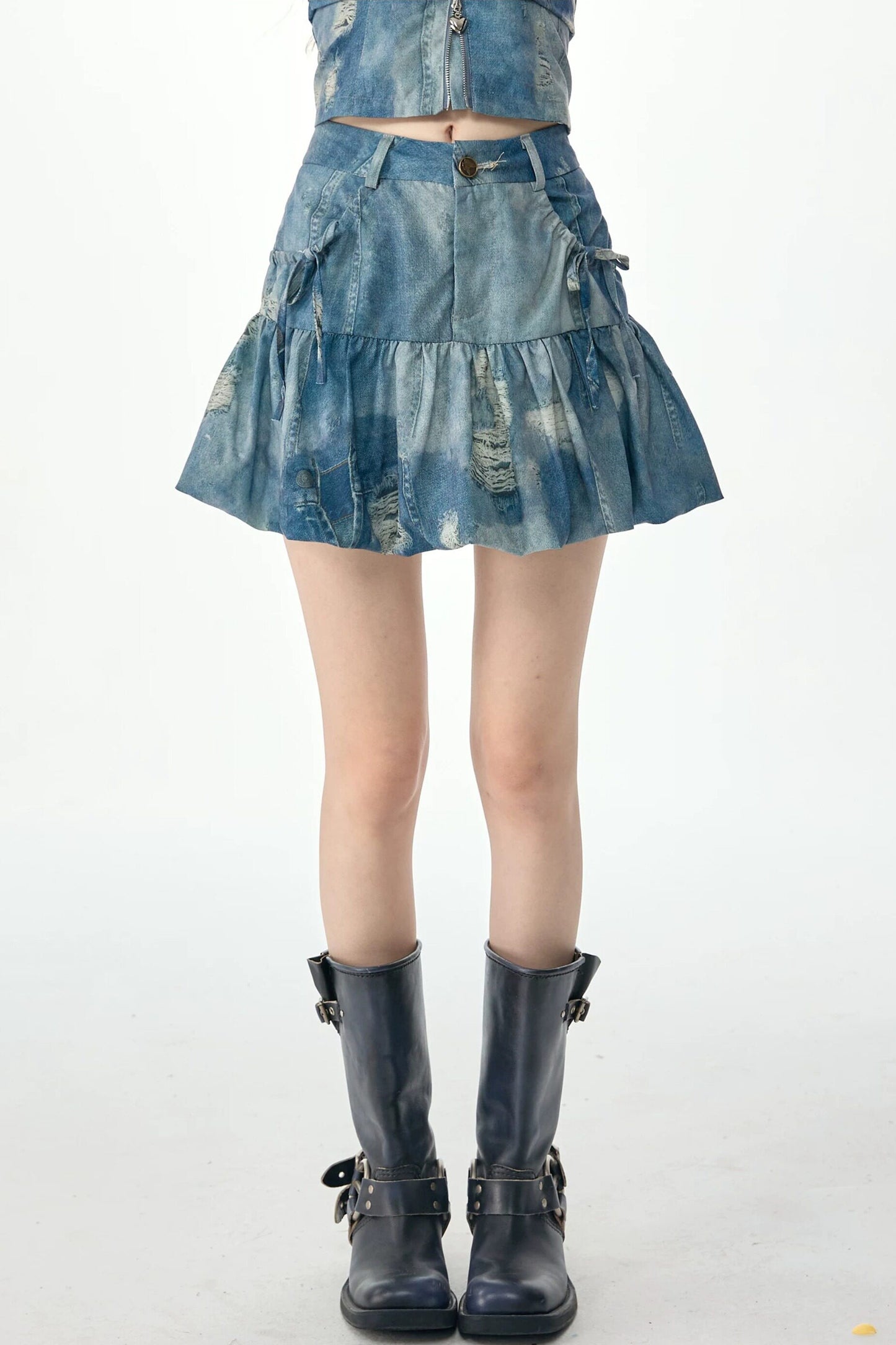 Distressed Puffy Denim Mini Skirt