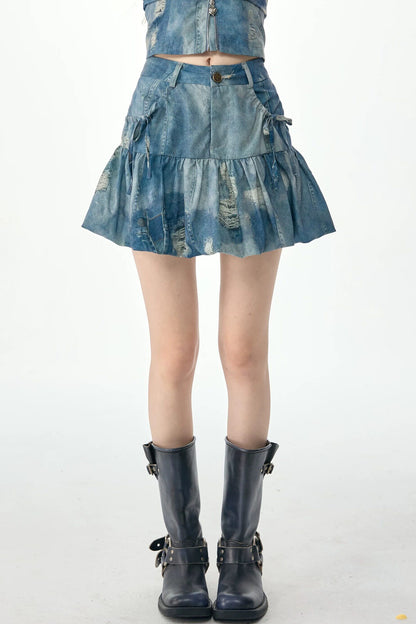 Distressed Puffy Denim Mini Skirt
