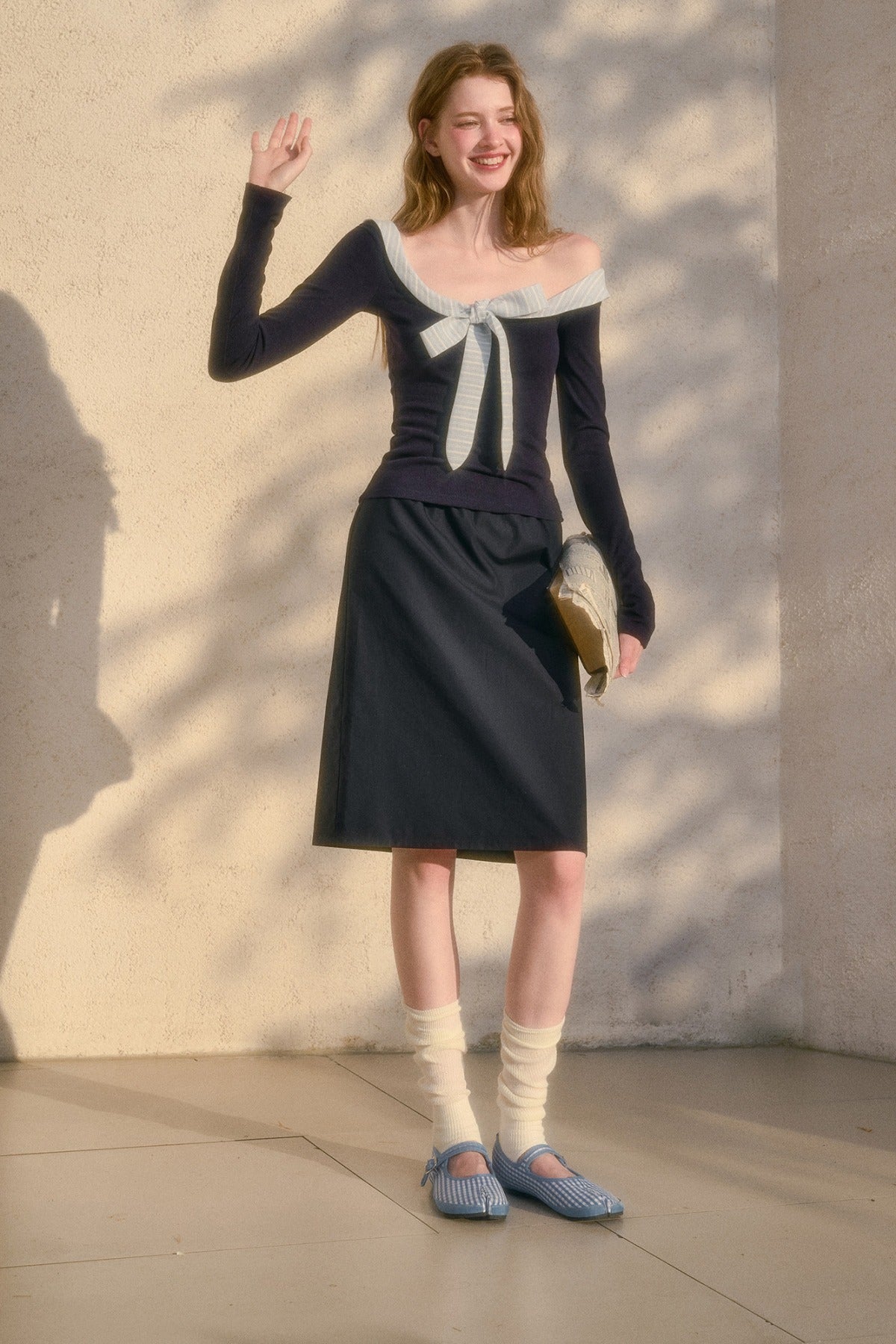 Off-Shoulder Big Bow Knit Top