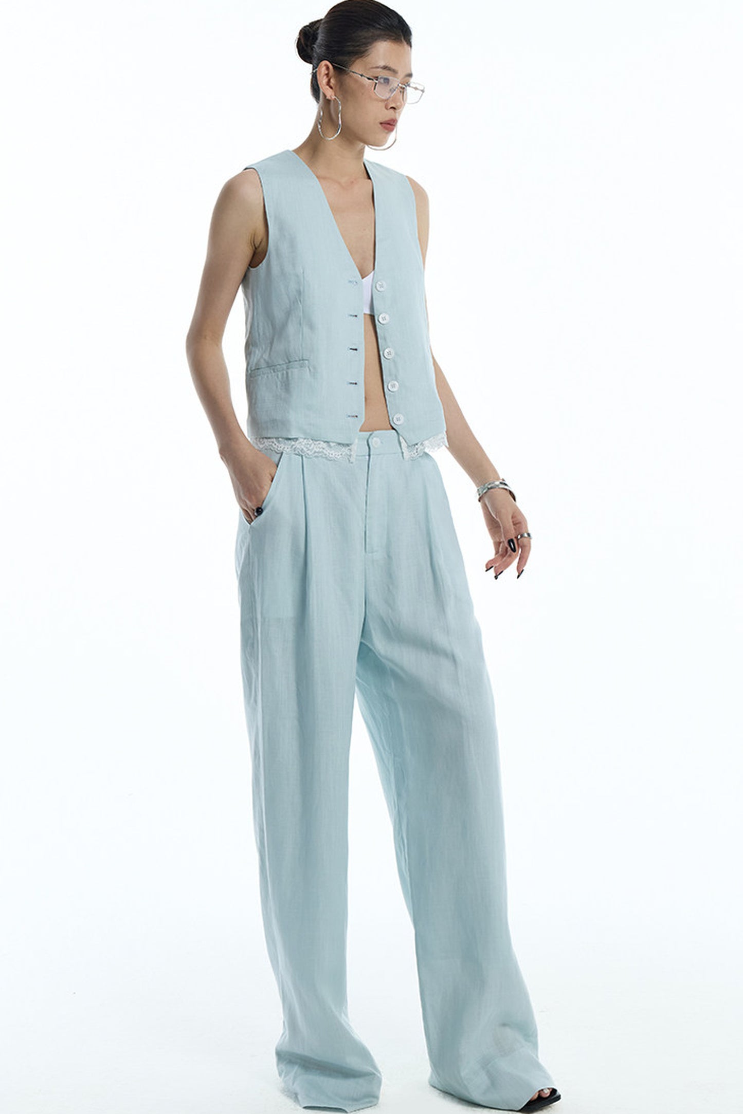 Mint Green Lyocell Cotton Linen Lace Vest and Pants Set-Up