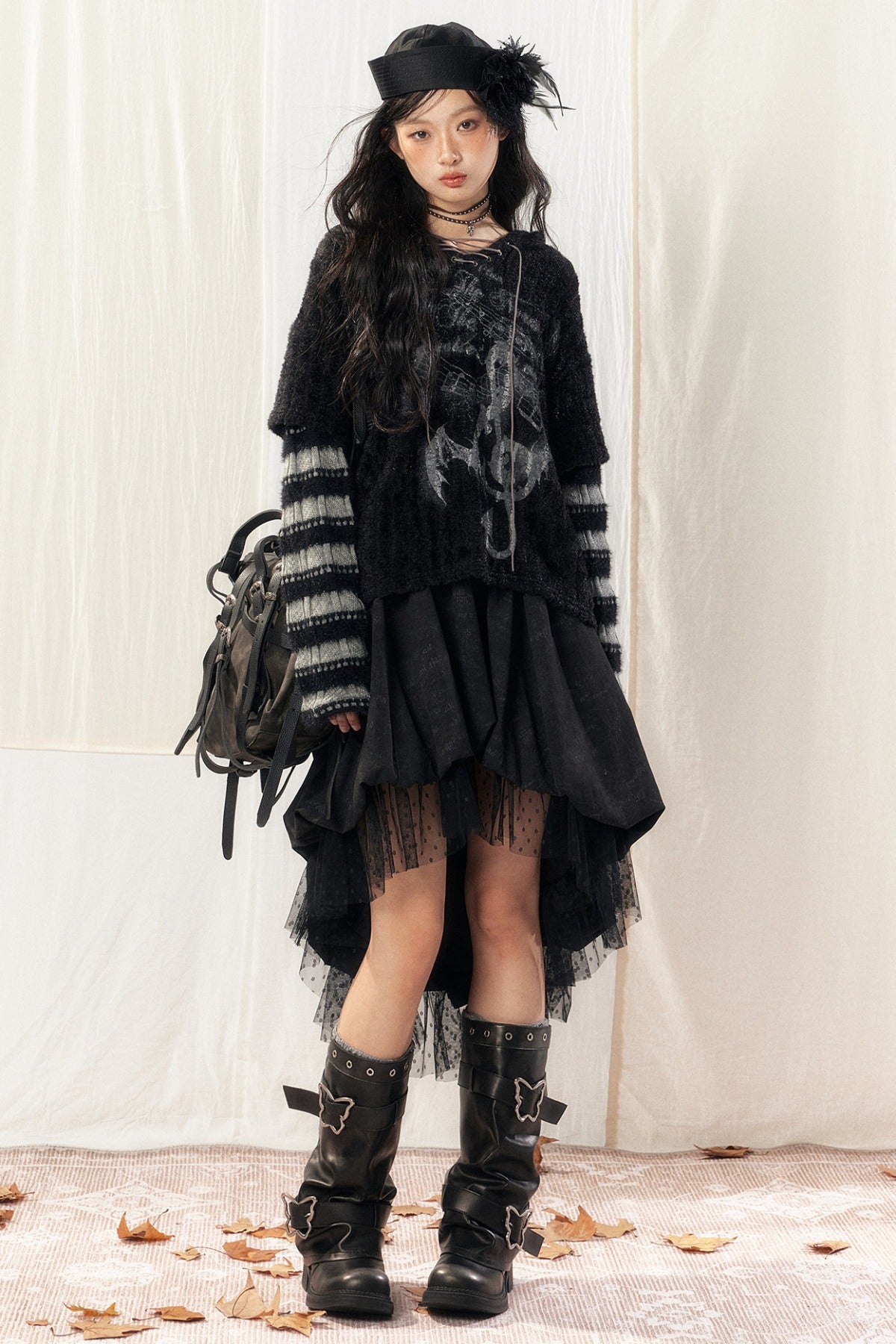 Light Striped Patchwork Hooded Knit Sweater