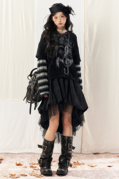 Light Striped Patchwork Hooded Knit Sweater