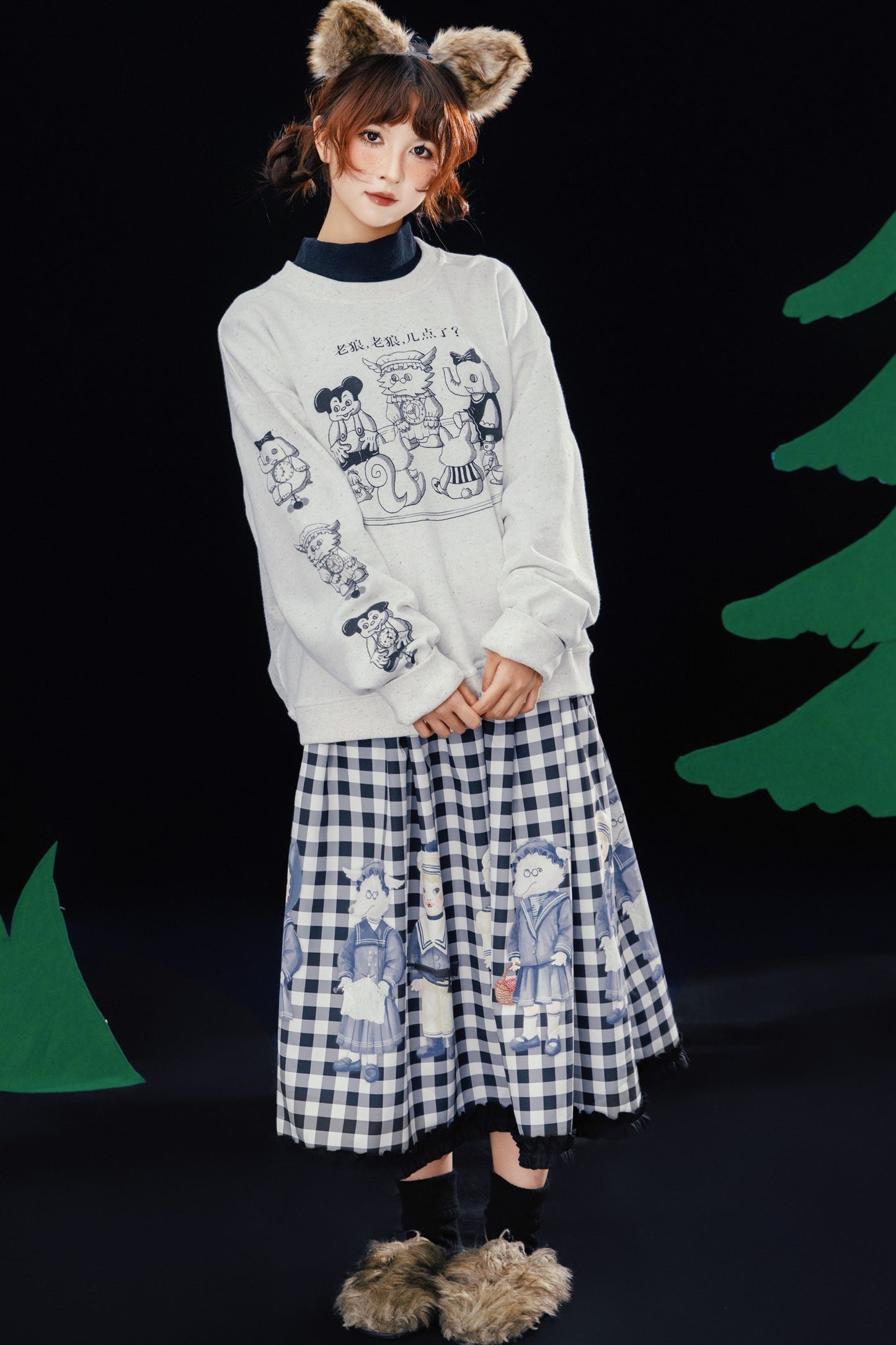 Black White Check Hand-Painted Lace Skirt