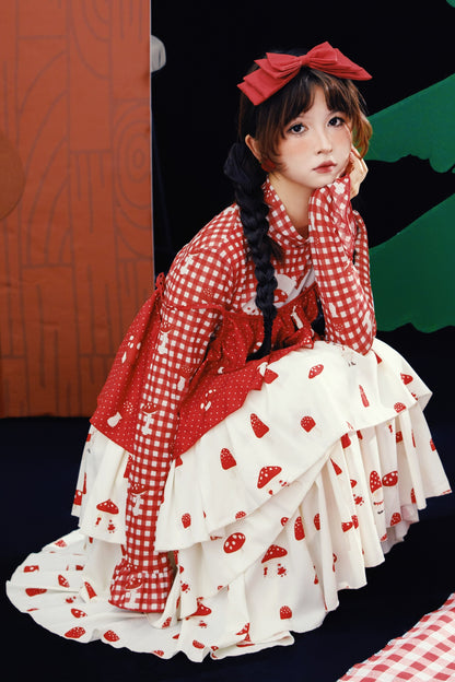 Red Mushroom Print Layered-Look Suspender Dress