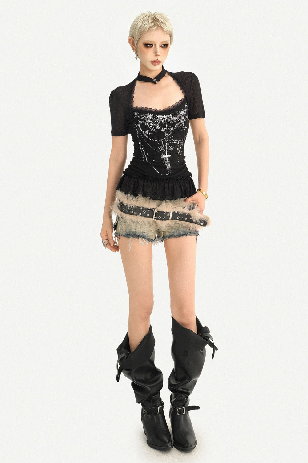 Gothic Patchwork Lace Print Short-Sleeved T-Shirt