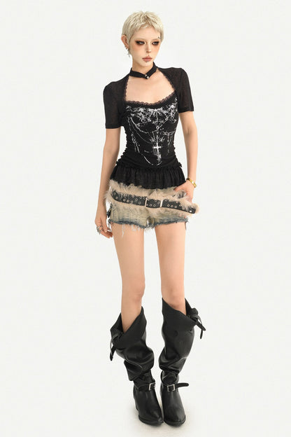Gothic Patchwork Lace Print Short-Sleeved T-Shirt