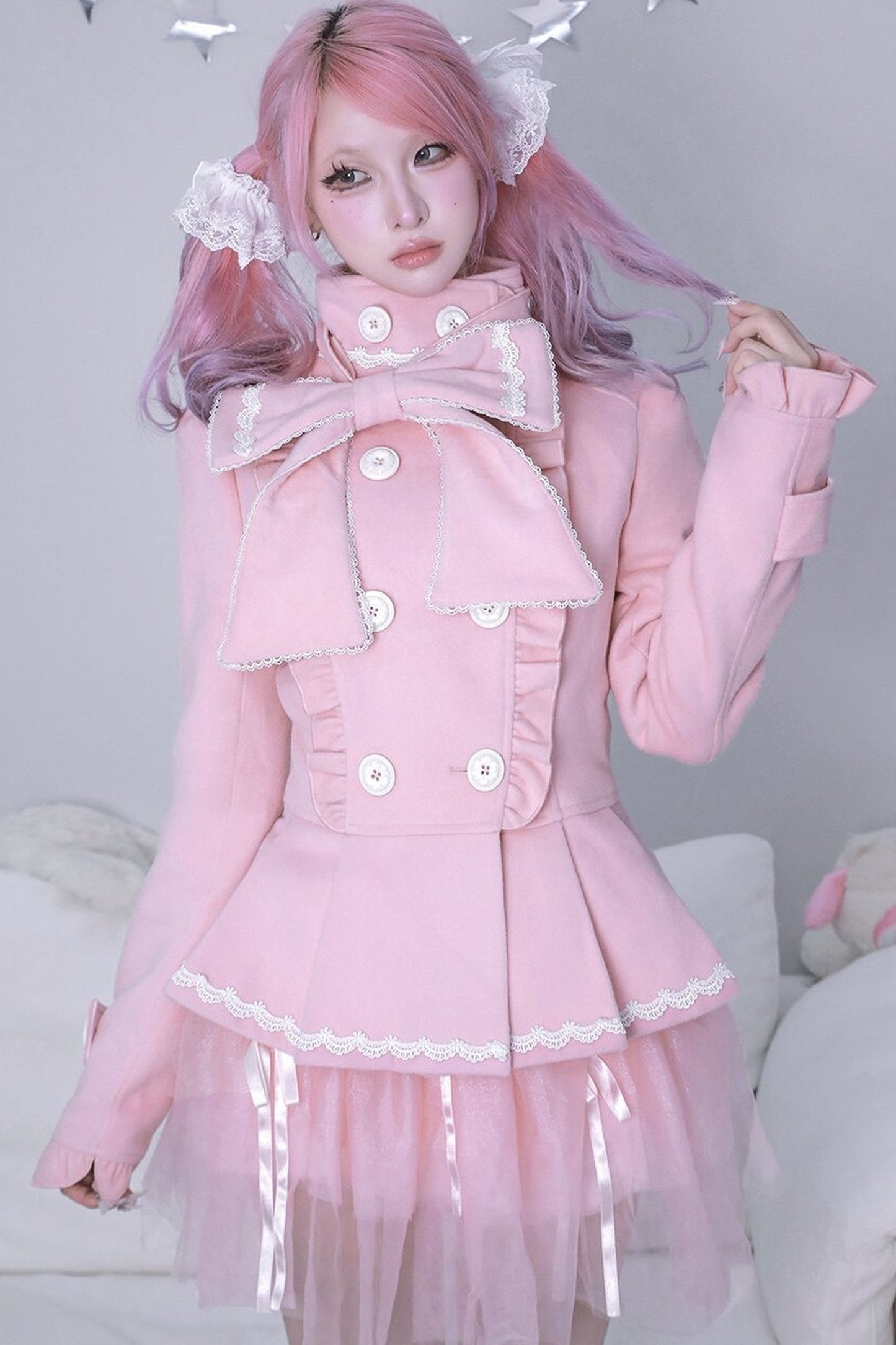 Detachable Bow Woolen Coat and Dress Set