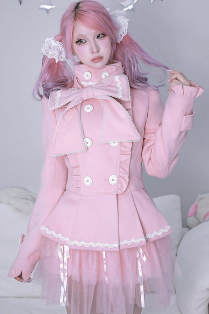 Detachable Bow Woolen Coat and Dress Set