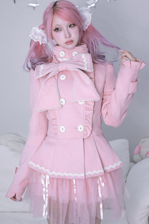 Detachable Bow Woolen Coat and Dress Set