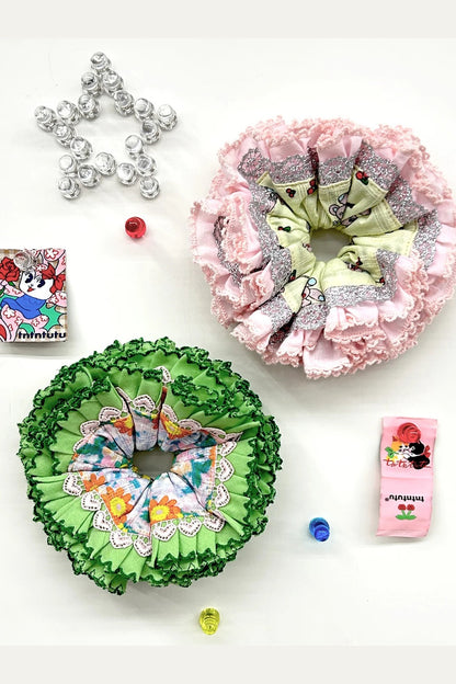 Green and Pink Lace Scrunchie