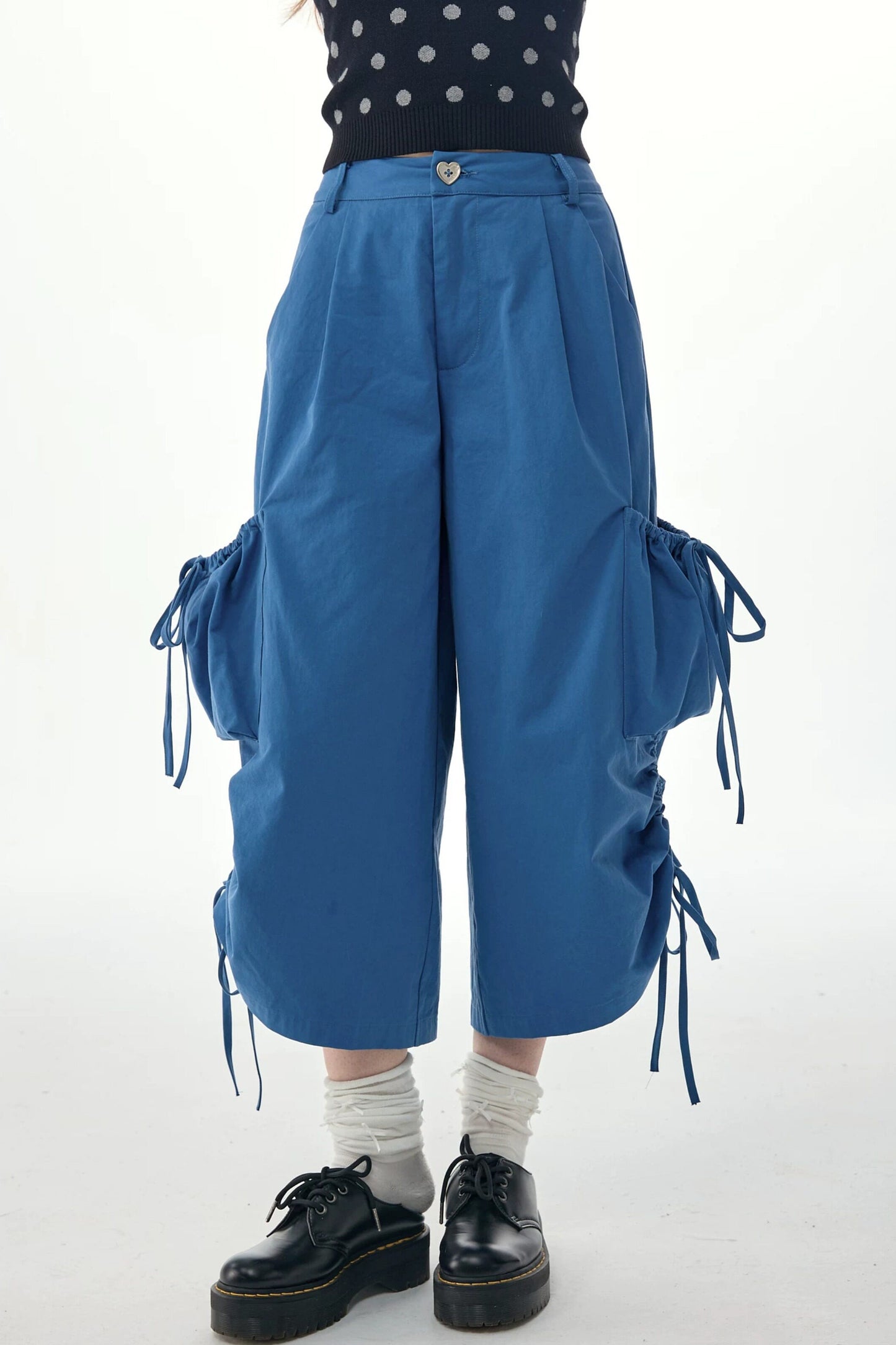 Blaue Ballon-Cargohose mit Kordelzug und weitem Bein
