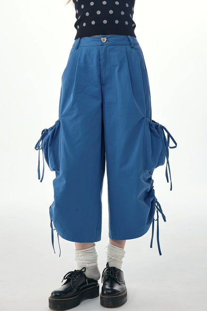 Blaue Ballon-Cargohose mit Kordelzug und weitem Bein