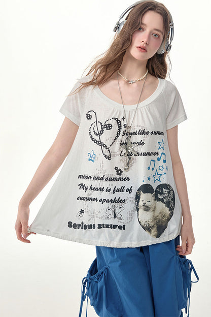 Marineblaues Kurzarmshirt mit Katzenmotiv