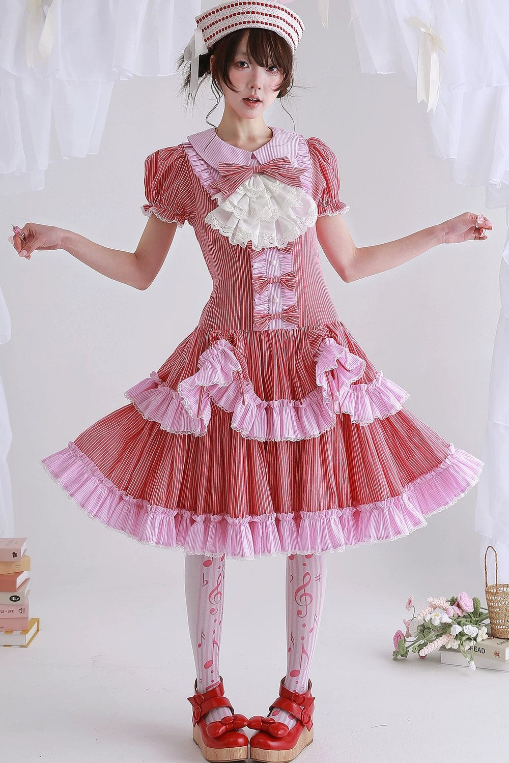 Red Retro Striped Lolita Dress
