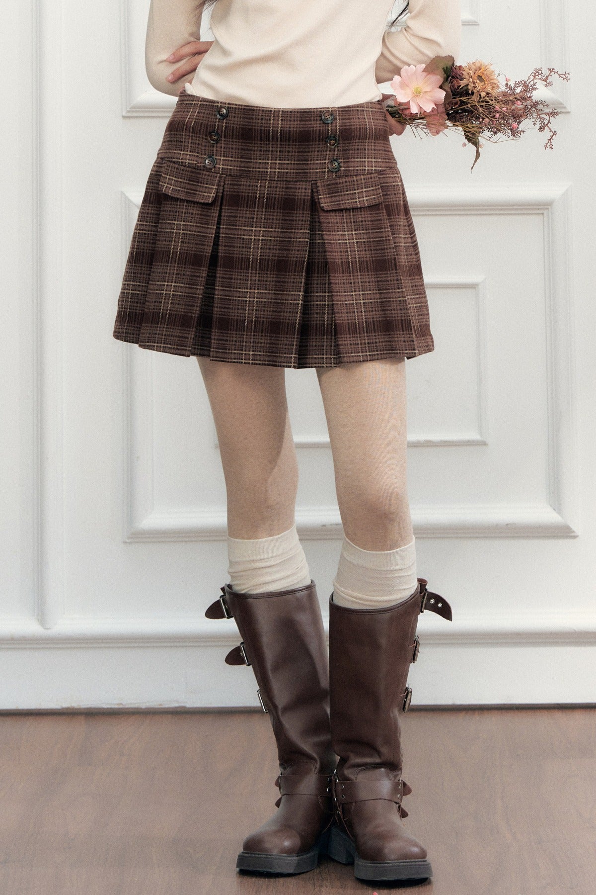 Double-Breasted Plaid Pleated A-Line Skirt