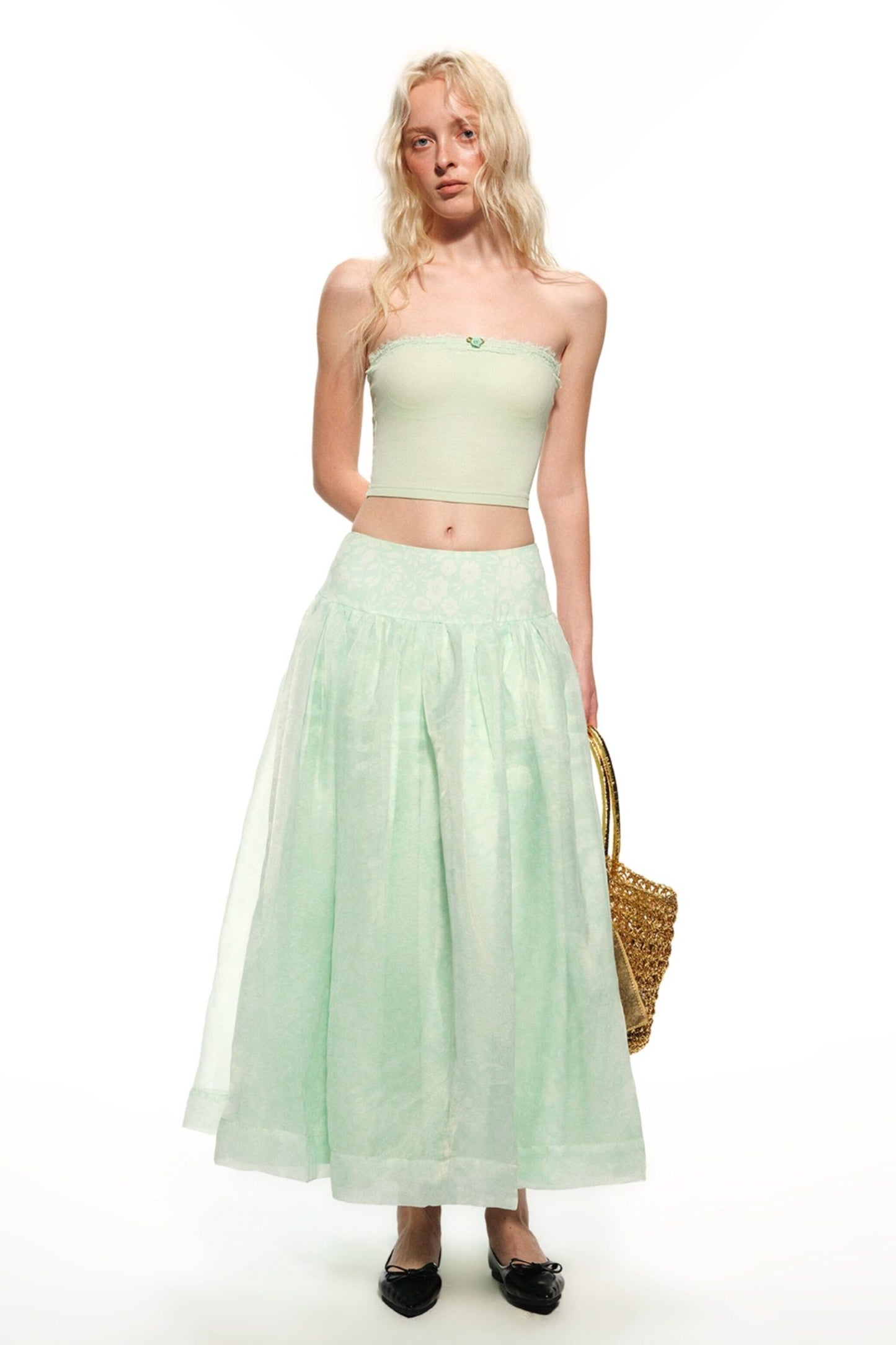 Mint Green Knitted Lace Tube Top, Pants and Skirt Set-Up