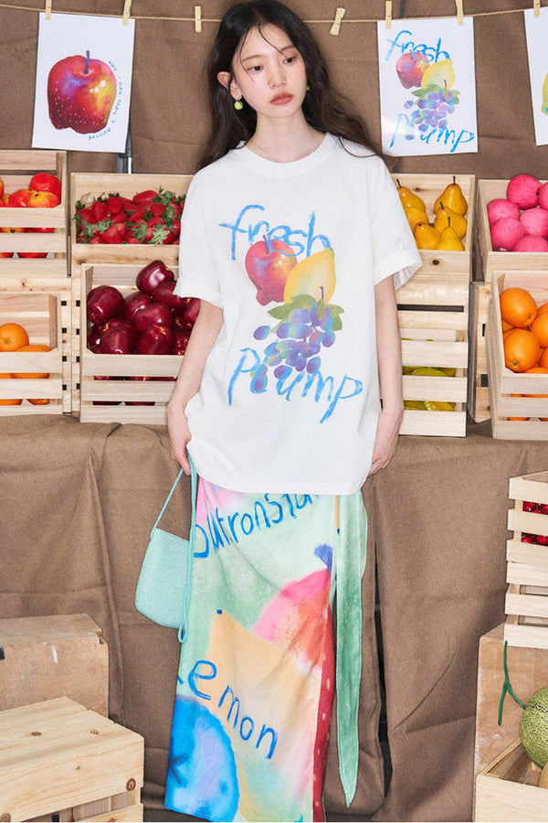 Hand-Painted Fruit Print T-Shirt and Wrap Skirt Set-Up