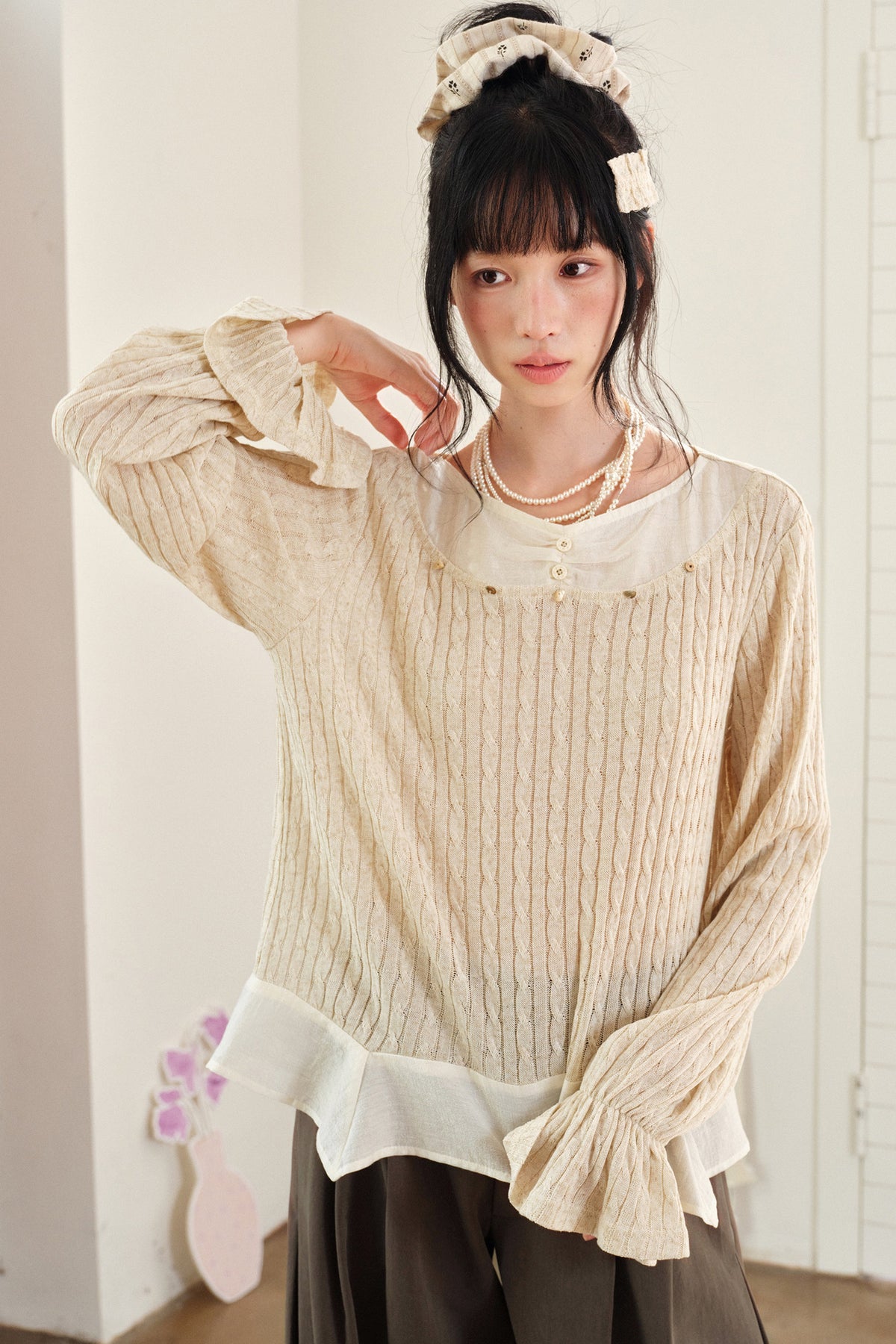 Textured Tencel Linen Lace Stitching Blouse