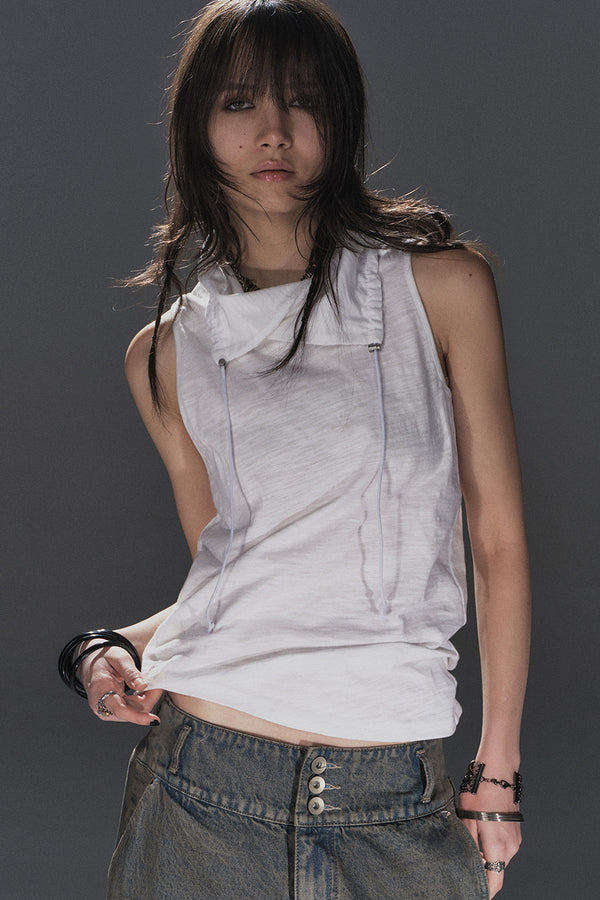 Textured Drawstring Collar Tank Top