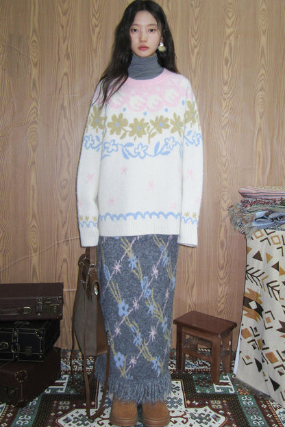 Tulip Floral Jacquard Knit Tassel Skirt