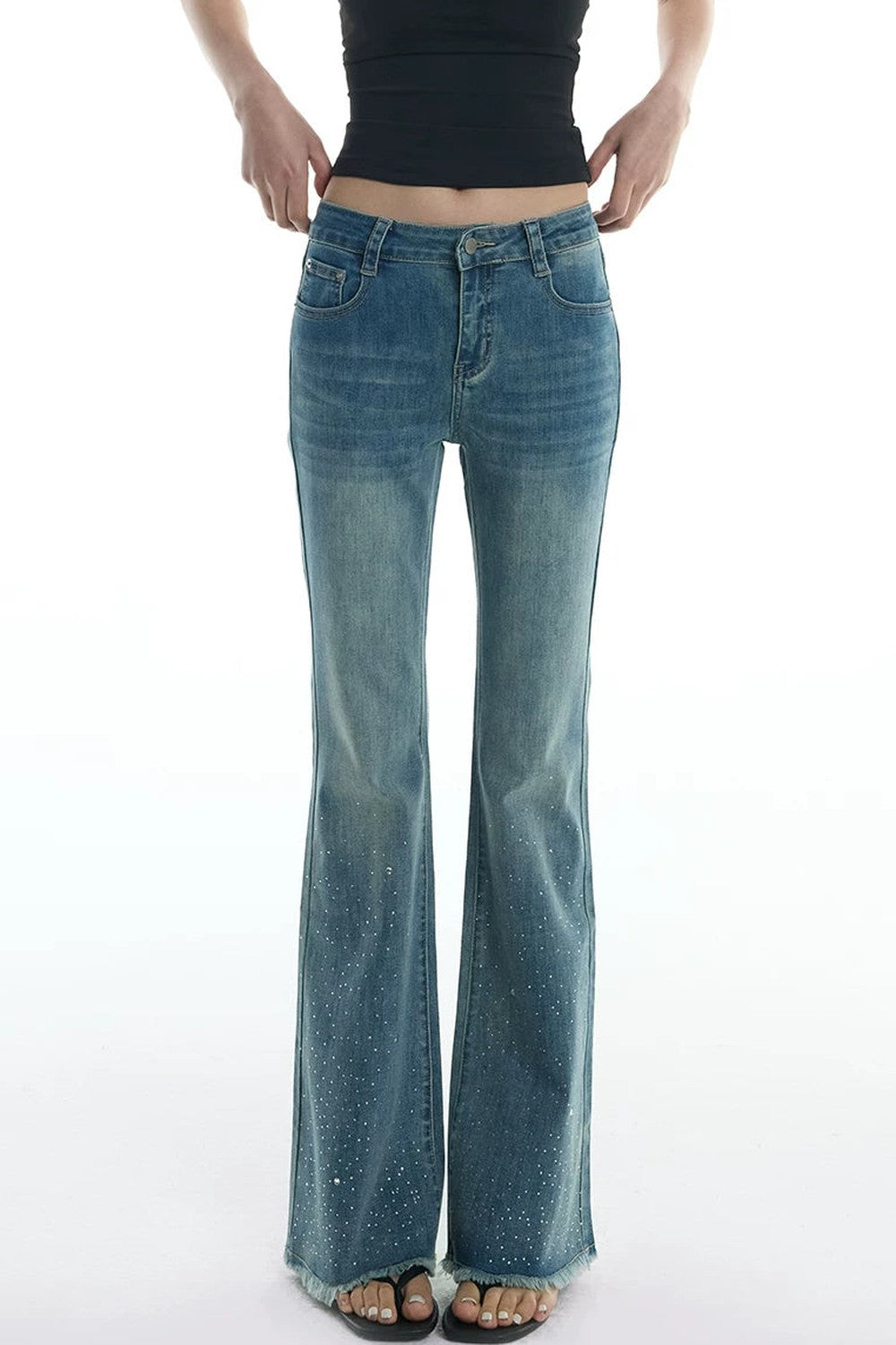 Schlag-Jeanshose mit Strass
