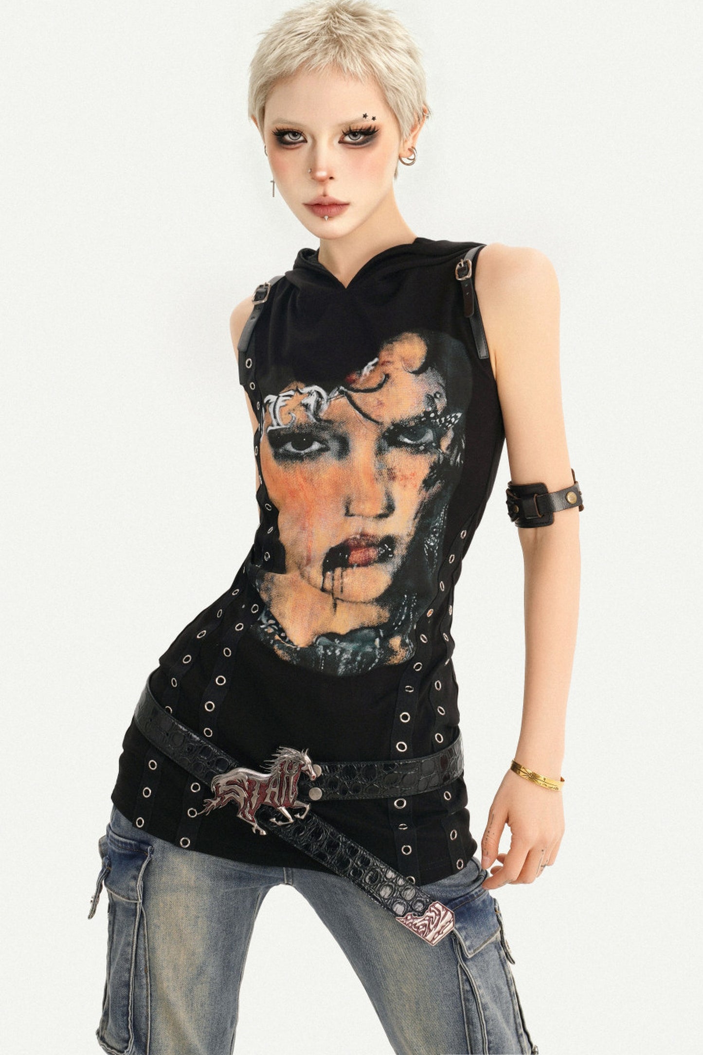 Punk Rivet Printed Hooded Dress