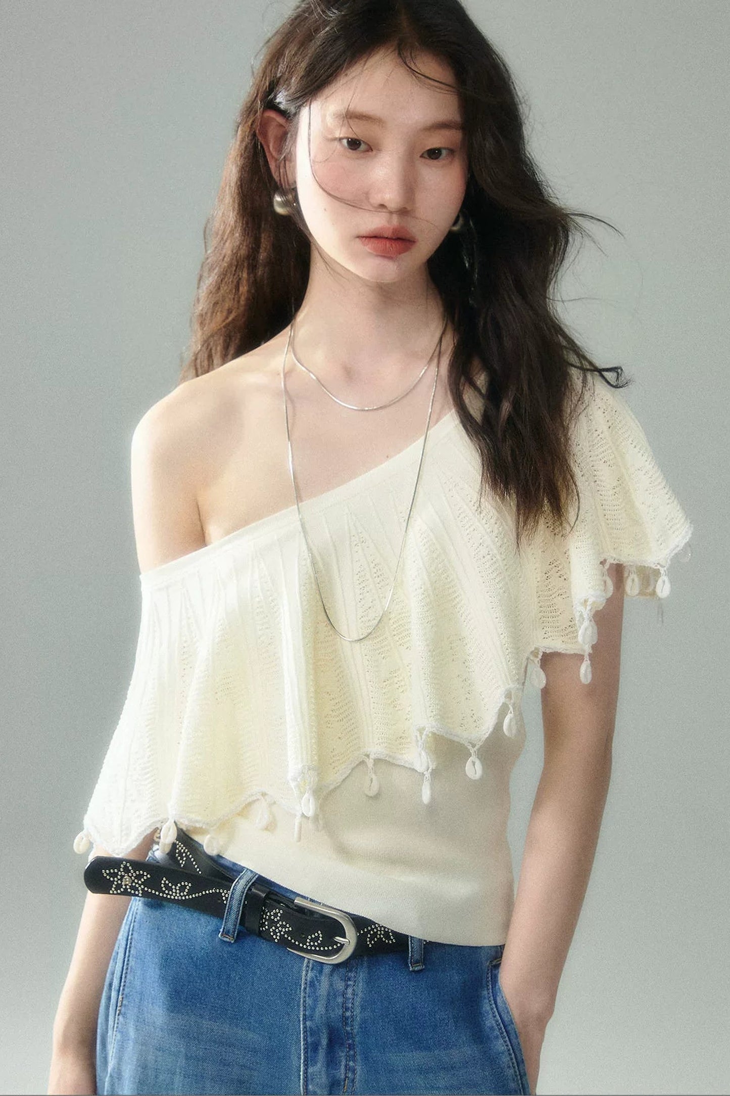 Off-Shoulder Ruffled Knit Top