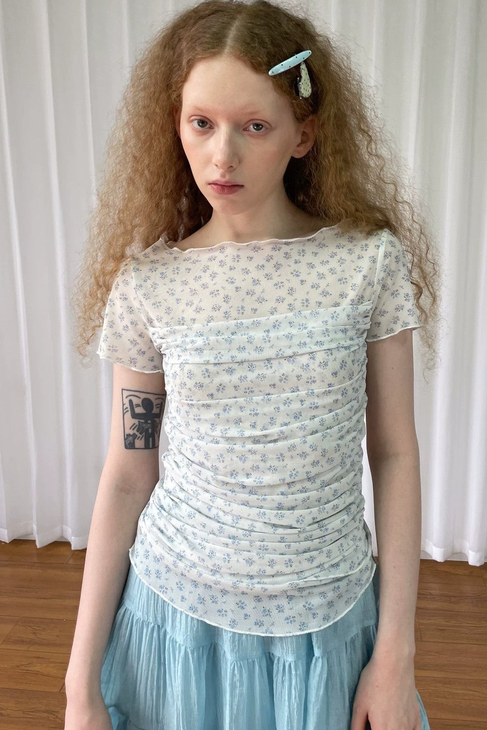 Light Blue Floral Mesh Top