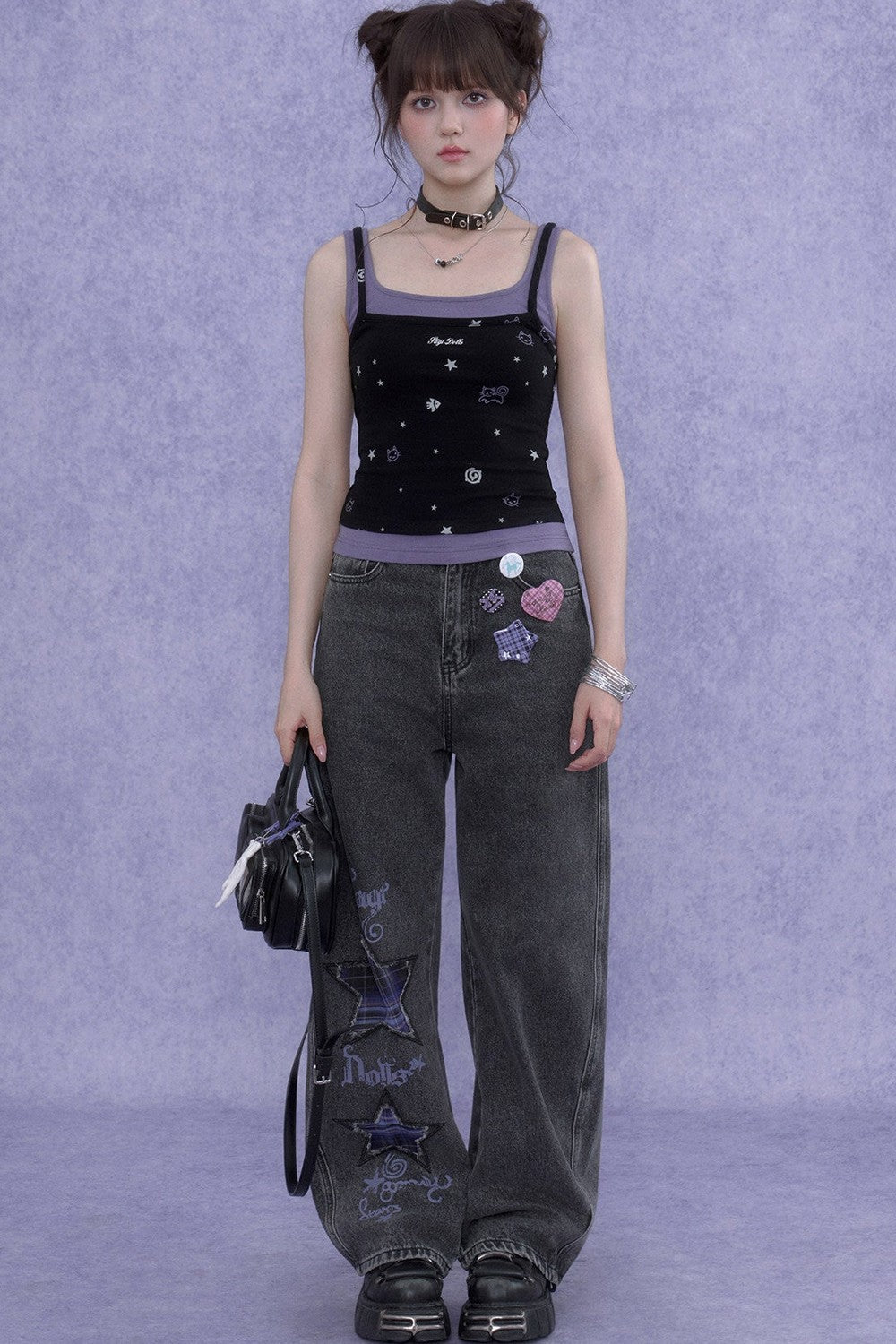 Black Purple Cutout Camisole Set-Up