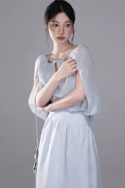 Elegant Ice Blue Linen Cape Set