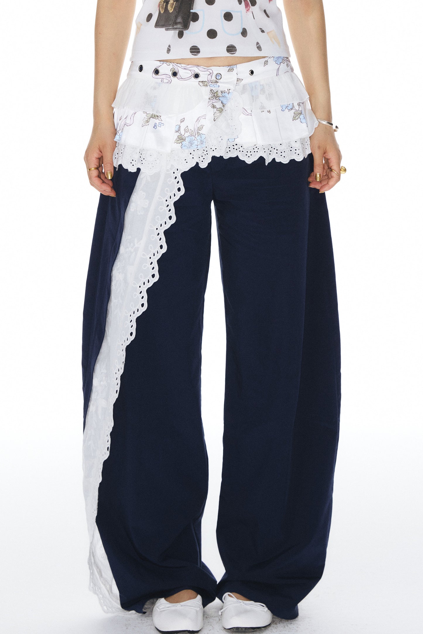 Navy Lace Trim Pants