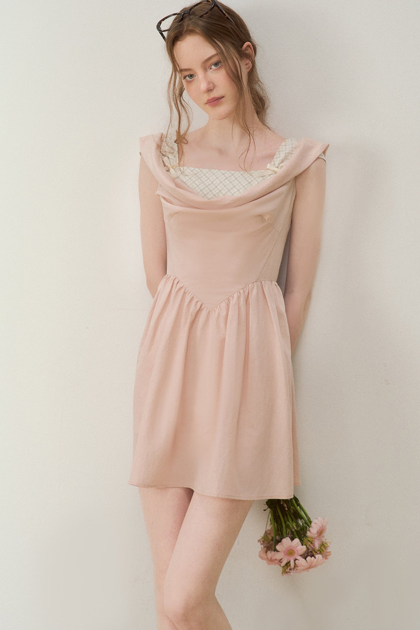 Robe évasée à col en lyocell à carreaux