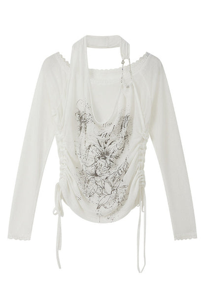 Top halter a maniche lunghe effetto sovrapposto
