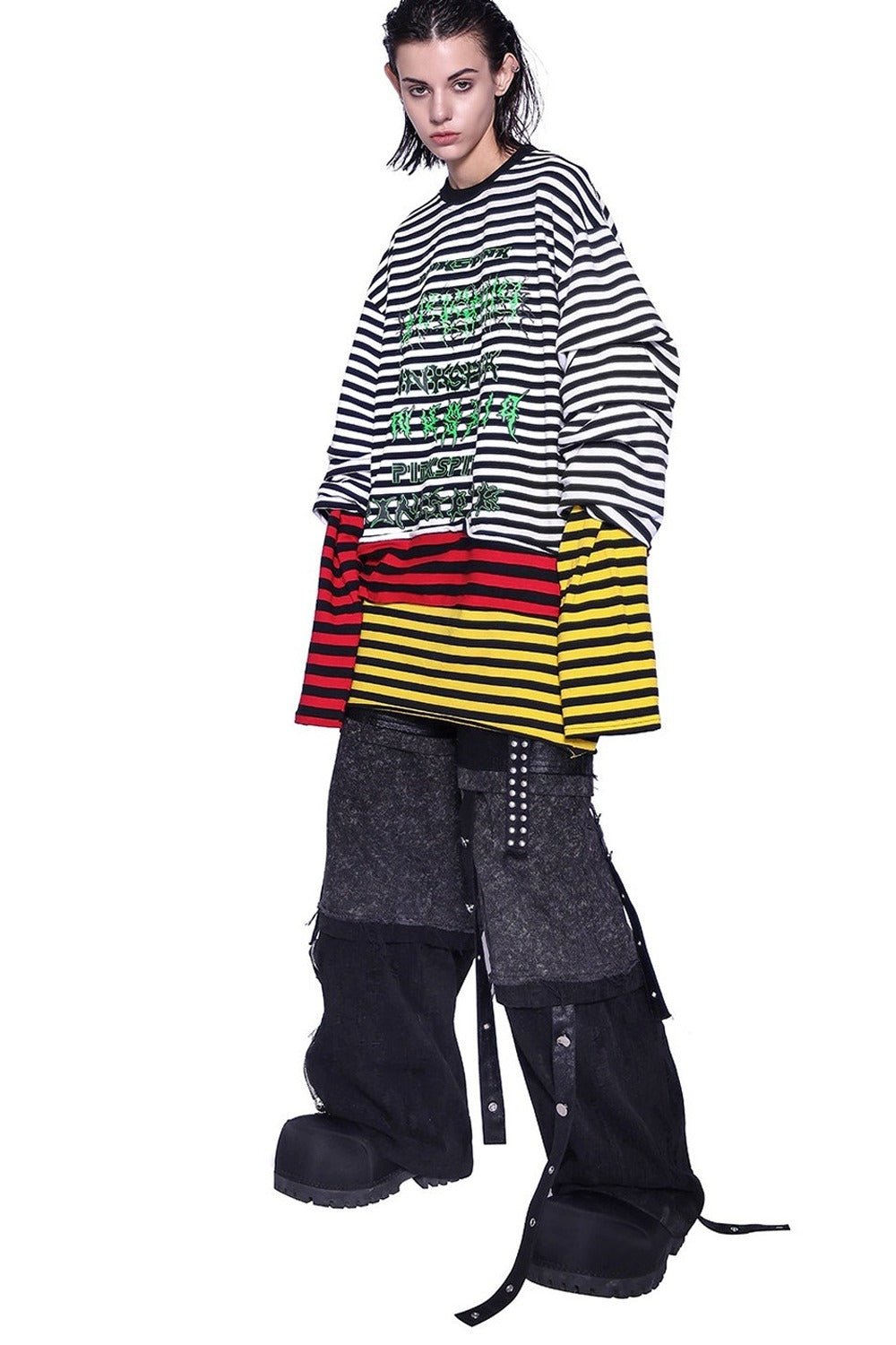 Stacked Stripes Patchwork Staggered Letter Print T-Shirt