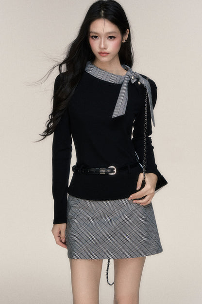 Plaid Ribbon Long Sleeve Top and Skirt Set-Up