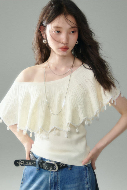 Off-Shoulder Ruffled Knit Top