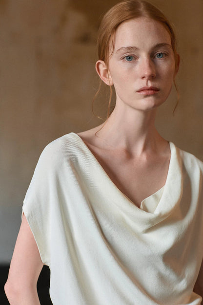 Off-White Silk Boat Neck Top