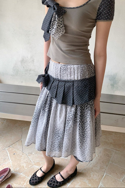 Leopard Floral Tie-Neck Midi Skirt