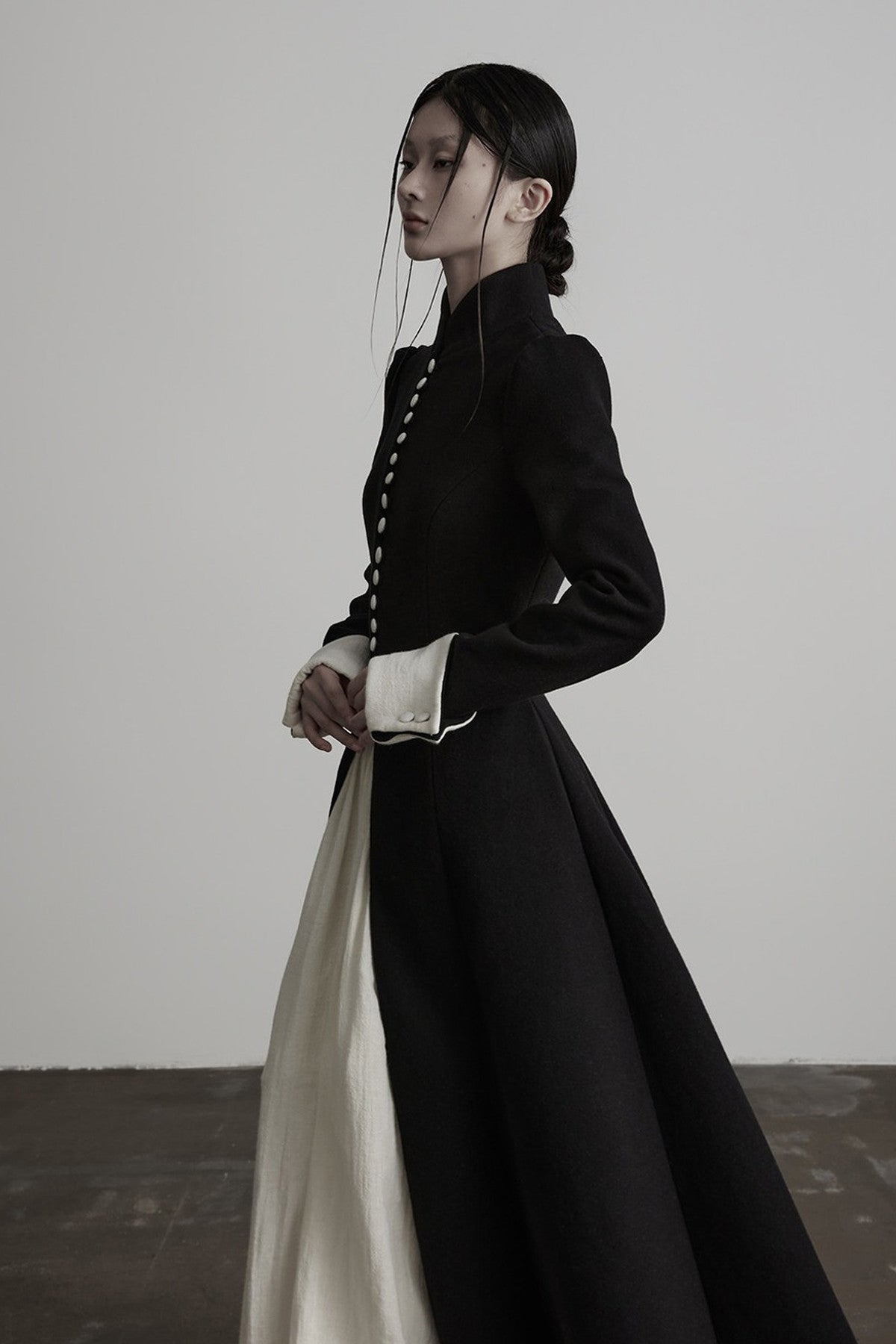 100% Wool Stand Collar Tie-Back Long Coat