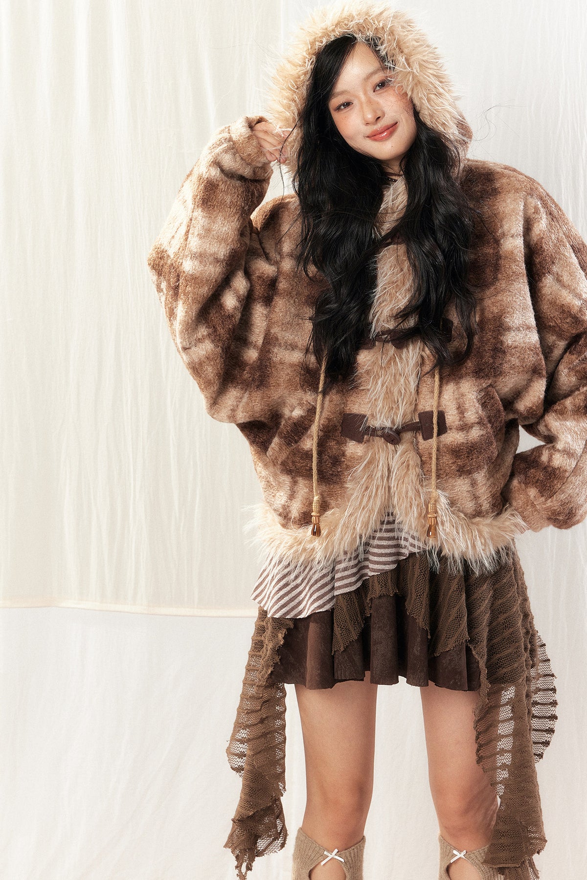 Hooded Plaid Fur Collar Jacket