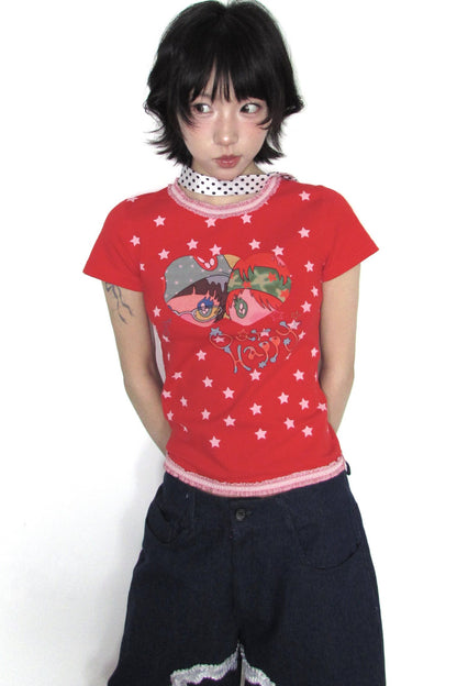 Bird Graphic Lace Trim T-Shirt