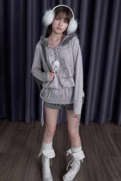 Gray Purple Printed Hoodie