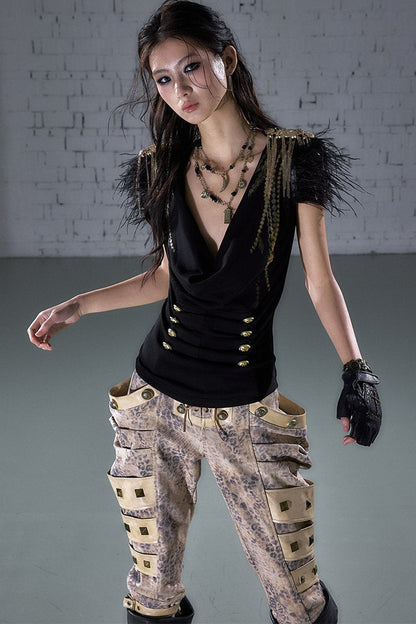 Gold Foil Feather Fringe Vest