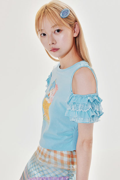 Tee-shirt en dentelle à épaules dénudées chaton bleu