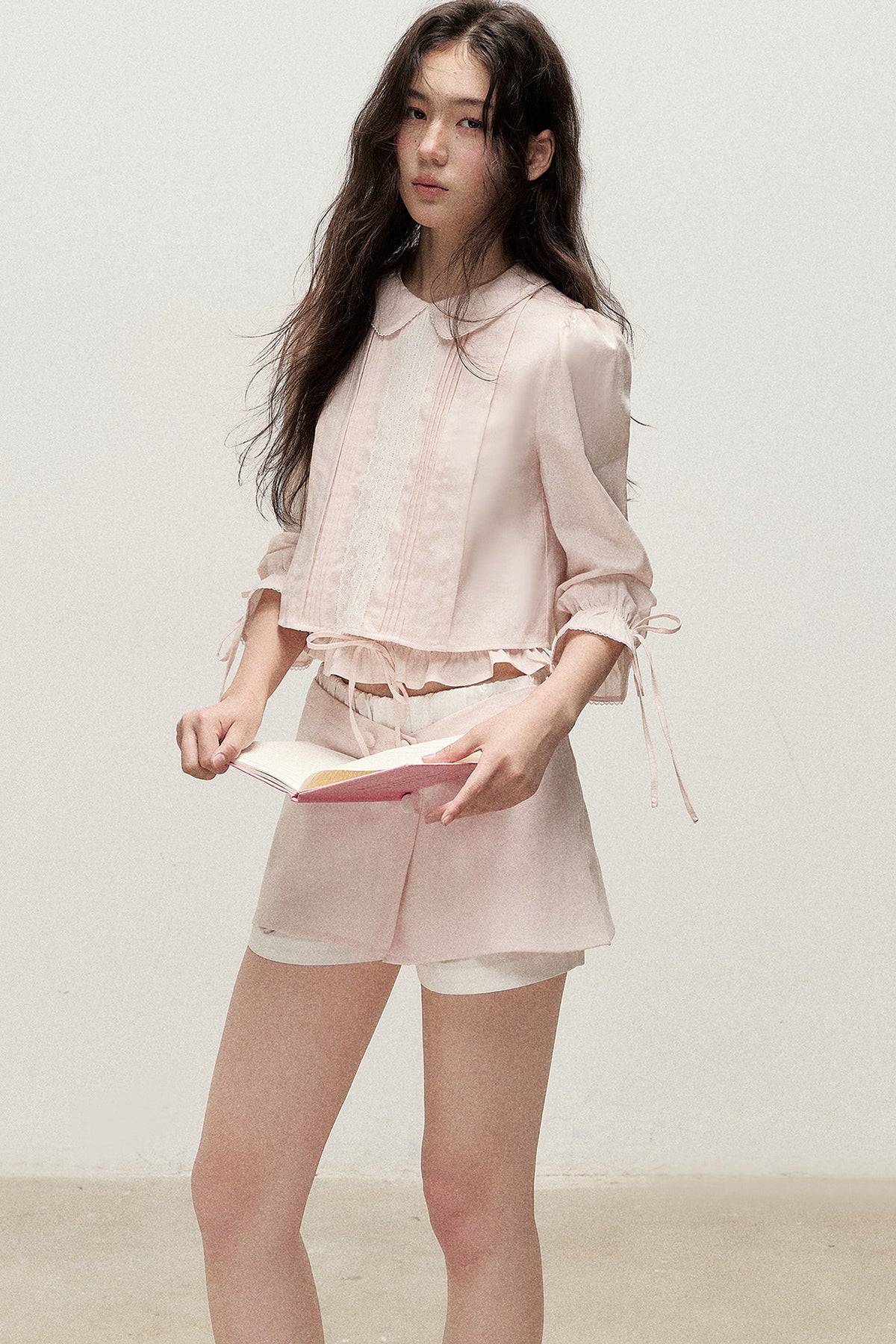 Mist Pink Lyocell Linen Mid-Sleeve Tuck Pleat Shirt Skirt Set-Up