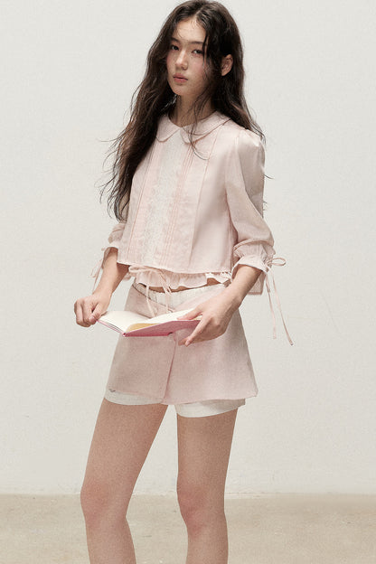 Mist Pink Lyocell Linen Mid-Sleeve Tuck Pleat Shirt Skirt Set-Up