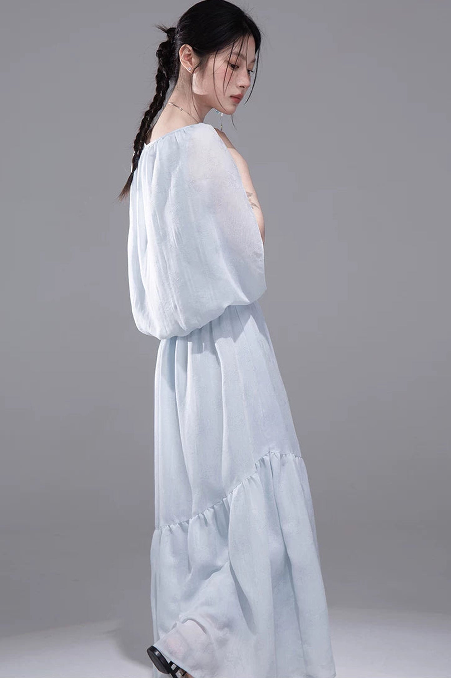 Elegant Ice Blue Linen Cape Set