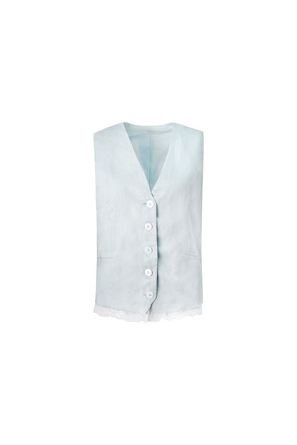 Mint Green Lyocell Cotton Linen Lace Vest and Pants Set-Up